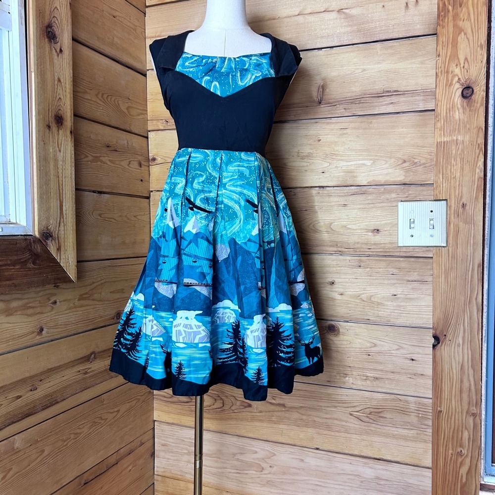 Northern Lights Gilda Dress Women Extra Large Blue Aurora Borealis Lindy Bop
